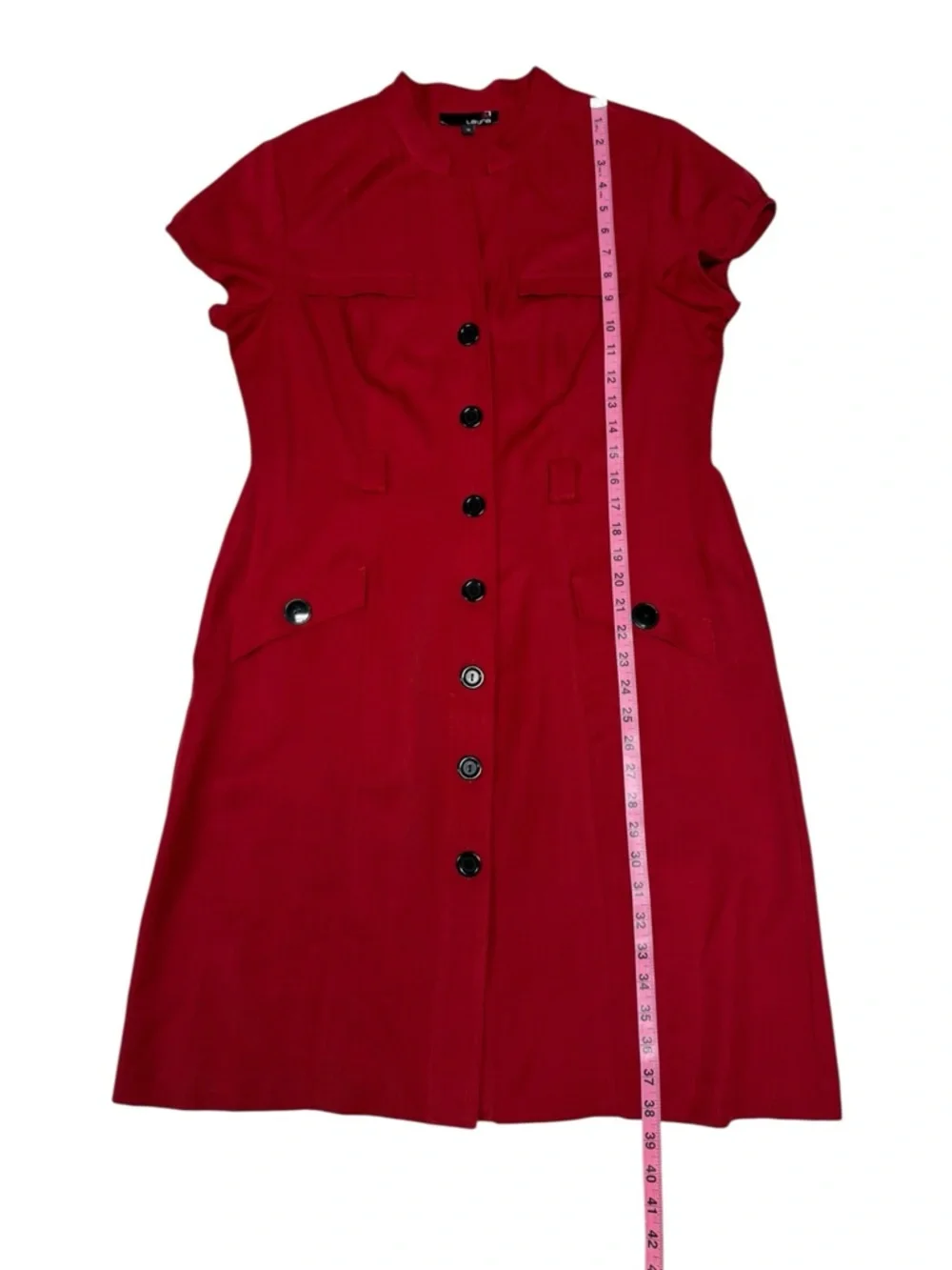 Laura Short Sleeve Red Dress | Button Front & Tie Waist - Size 12 - Picture 7 of 9
